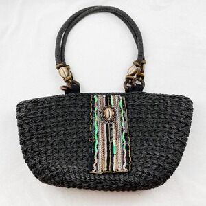 Vintage‎ Black Wicker Coastal Shell Shoulder Beach Bag